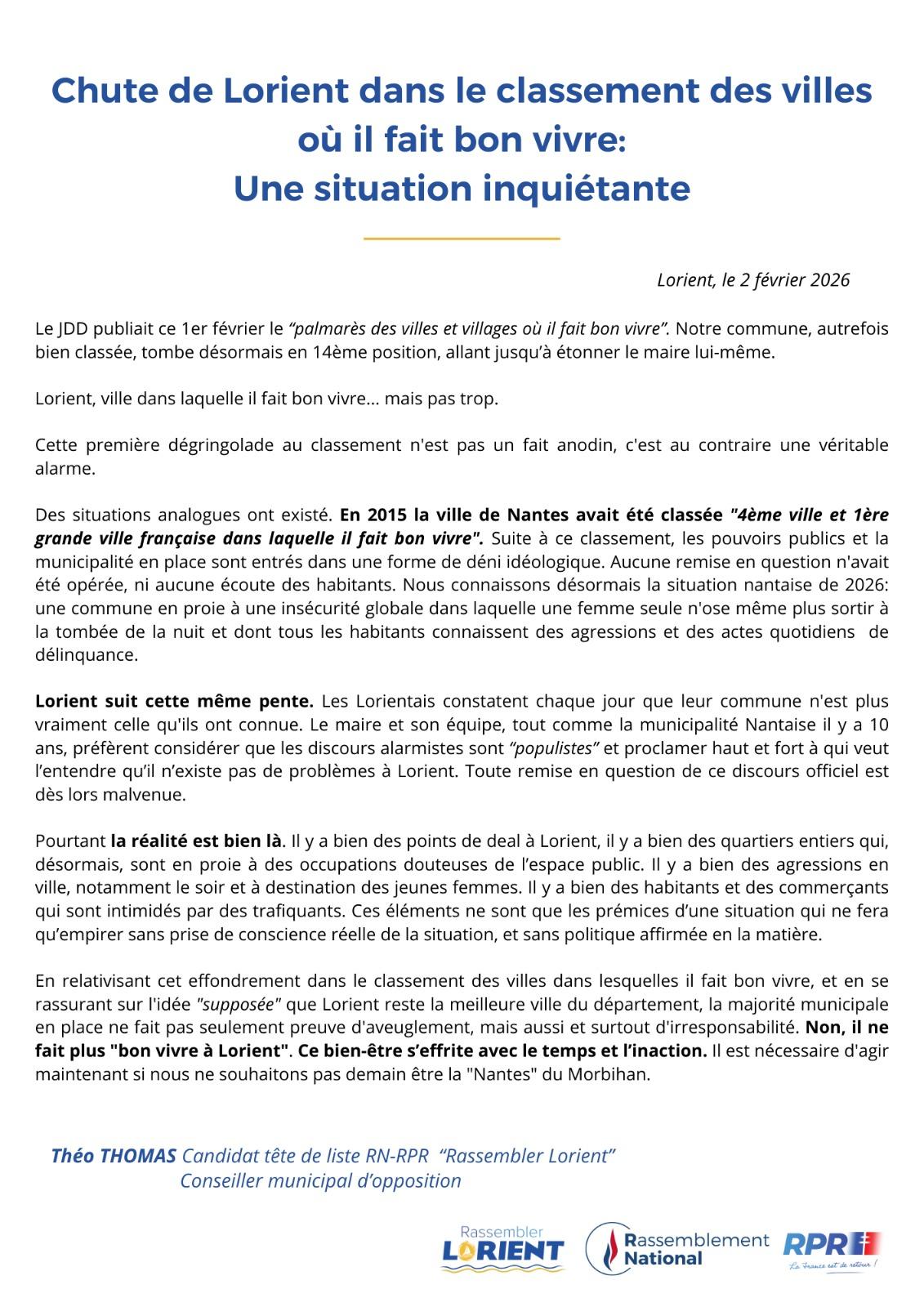 La chute de Lorient dans le classement des villes où il fait bon vivre